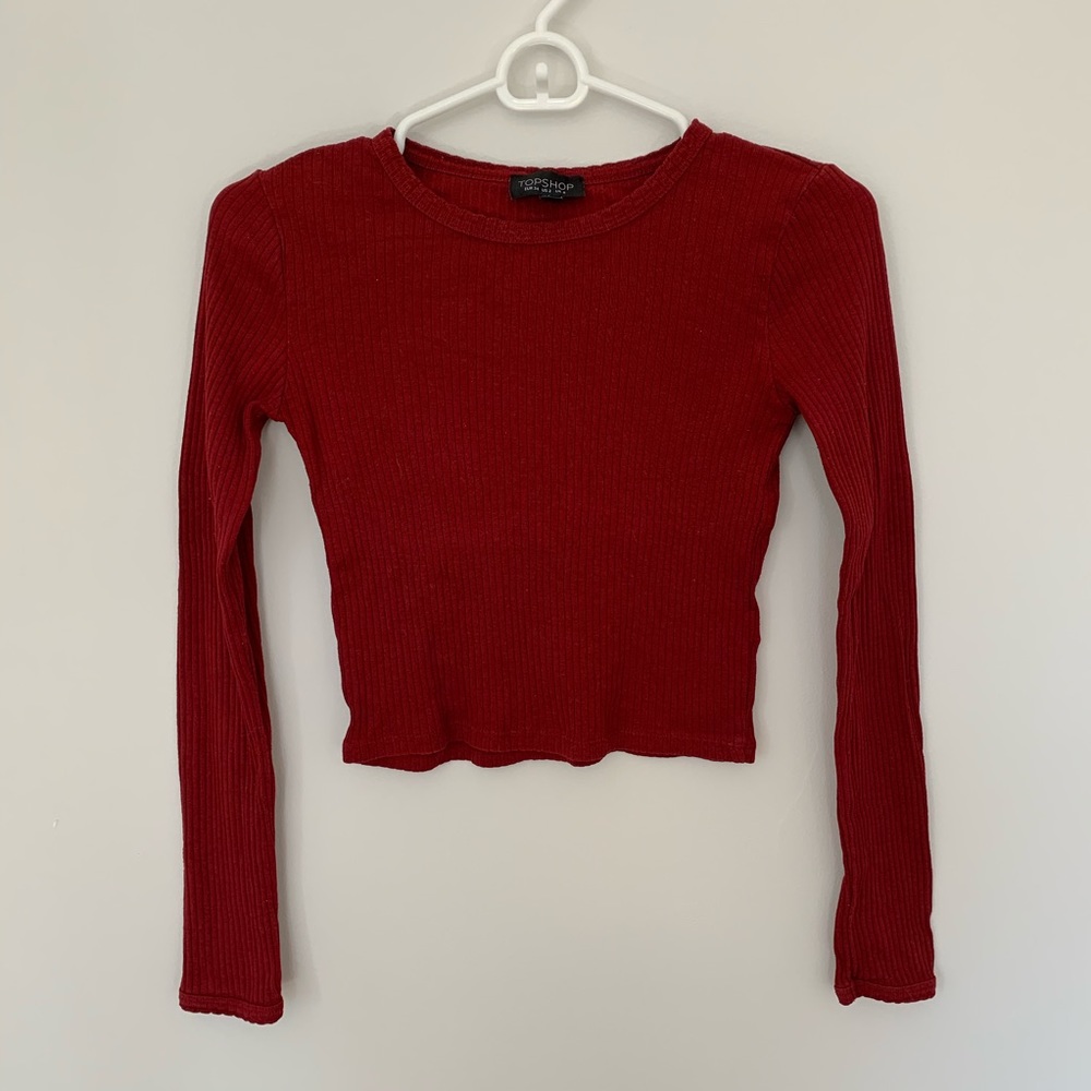 Topshop Ribbed Long Sleeve Cropped Tee Maroon